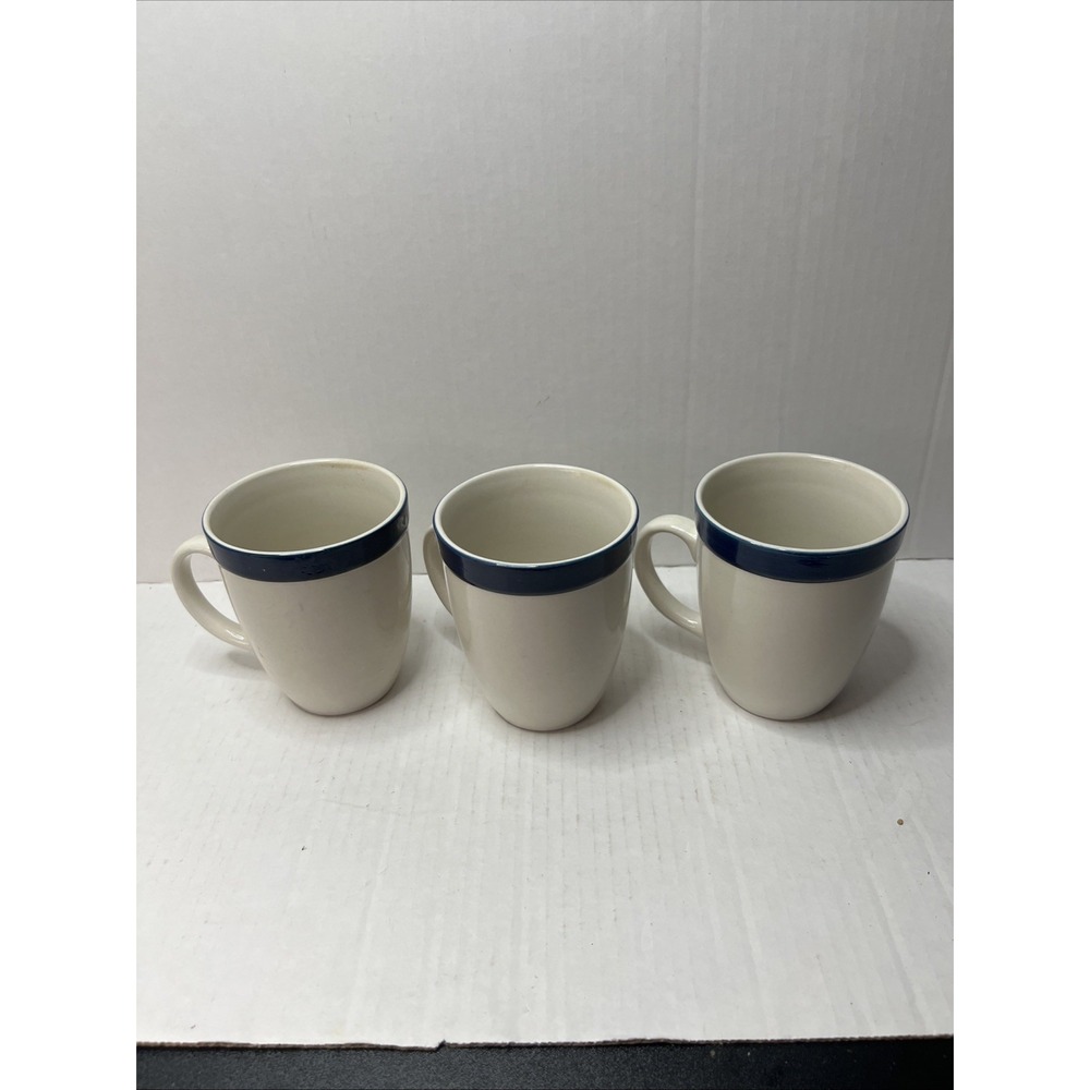 3 Gibson Housewares China Stoneware Ivory White Blue Stripe Coffee Tea Cups